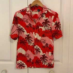 Coca-Cola Women’s Hawaiian Red Pink Button-Up Collared Short Sleeve Rayon Shirt